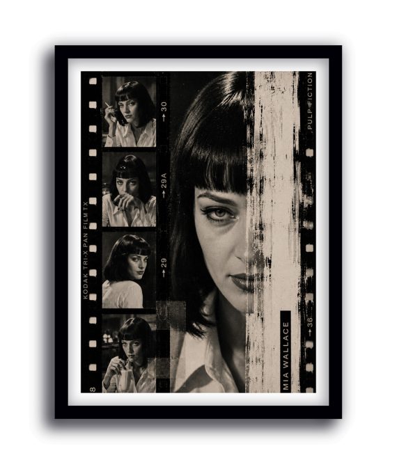 Cuadro de Mia Wallace inspirado en Pulp Fiction con diseño de tira de película en blanco y negro