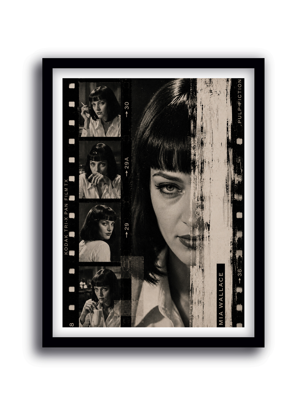 Cuadro de Mia Wallace inspirado en Pulp Fiction con diseño de tira de película en blanco y negro