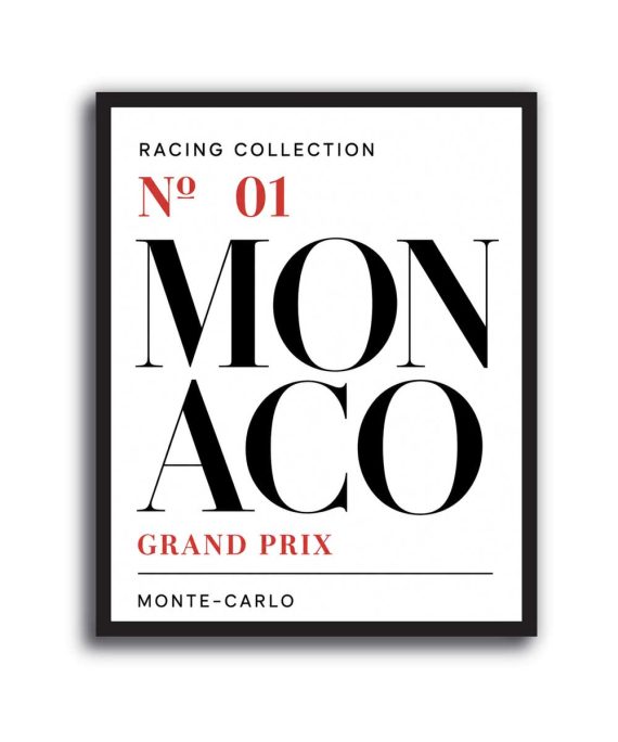 Cuadro tipográfico Monaco Grand Prix en blanco, negro y rojo, estilo racing editorial