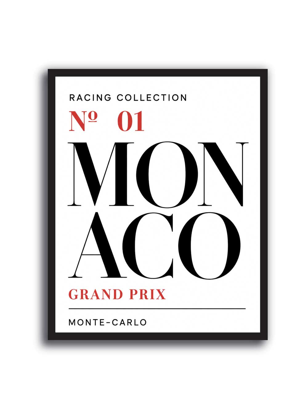 Cuadro tipográfico Monaco Grand Prix en blanco, negro y rojo, estilo racing editorial