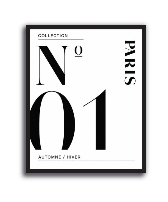 Cuadro tipográfico Paris Collection Nº01 en blanco y negro, estilo editorial de moda