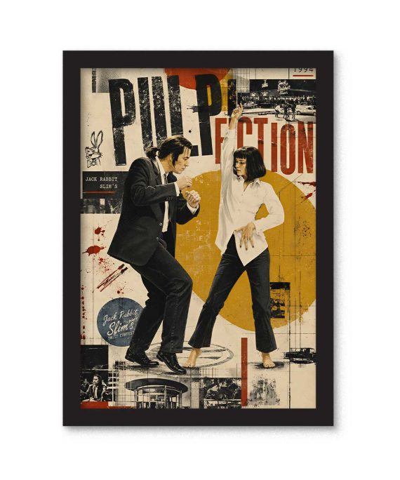 Cuadro inspirado en Pulp Fiction con Mia Wallace y Vincent Vega bailando en estilo collage vintage