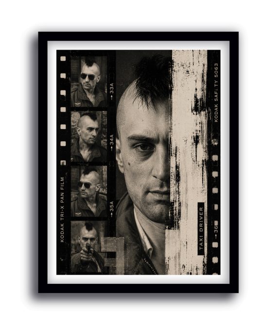 Cuadro de Robert De Niro inspirado en Taxi Driver con diseño de tira de película en blanco y negro