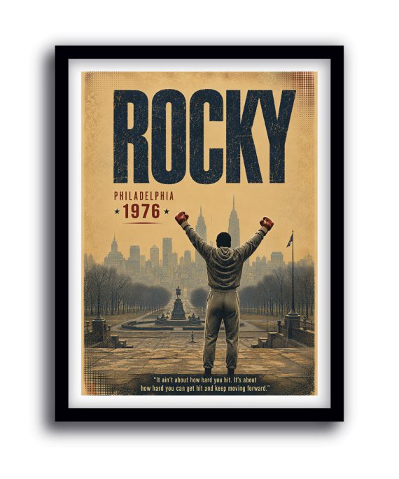 Cuadro inspirado en Rocky con silueta de Rocky Balboa frente a Philadelphia en estilo afiche vintage