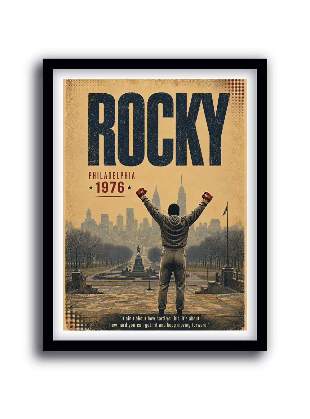 Cuadro inspirado en Rocky con silueta de Rocky Balboa frente a Philadelphia en estilo afiche vintage