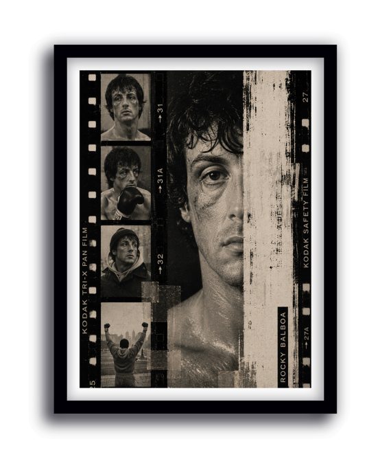 Cuadro de Sylvester Stallone como Rocky Balboa con diseño de tira de película en blanco y negro