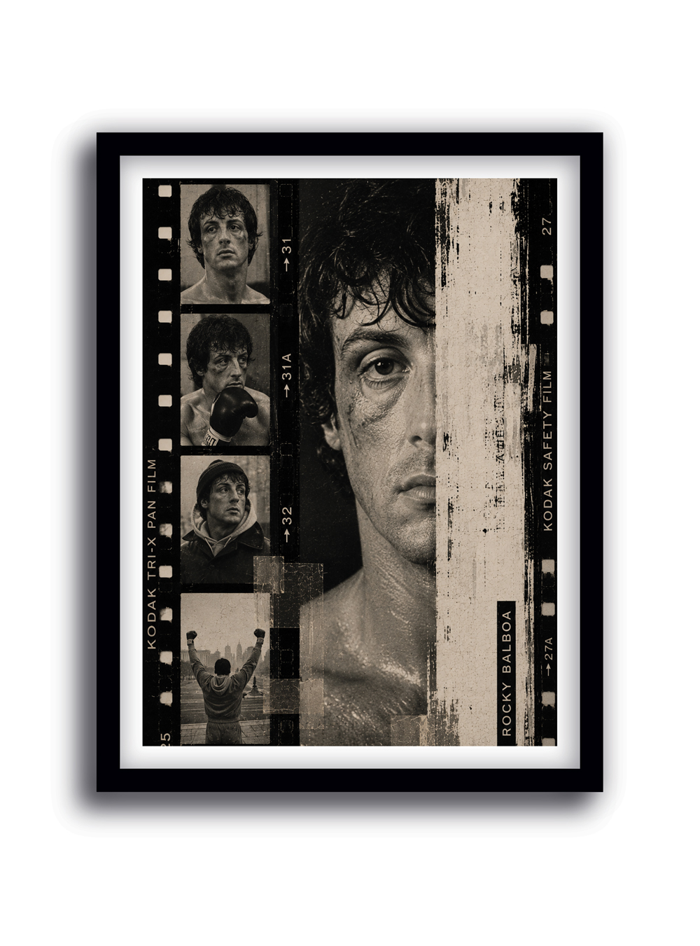 Cuadro de Sylvester Stallone como Rocky Balboa con diseño de tira de película en blanco y negro