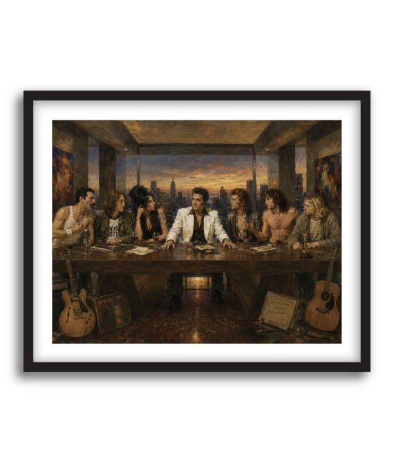 Cuadro La Última Cena del Rock con Elvis, Bowie, Freddie Mercury, Amy Winehouse, Lennon, Jim Morrison y Kurt Cobain