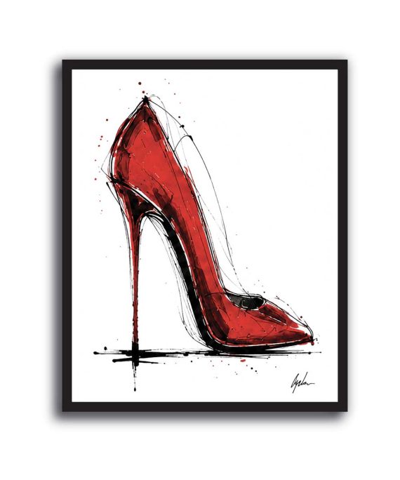 Cuadro de zapato stiletto rojo ilustrado con trazos negros sobre fondo blanco, estilo fashion