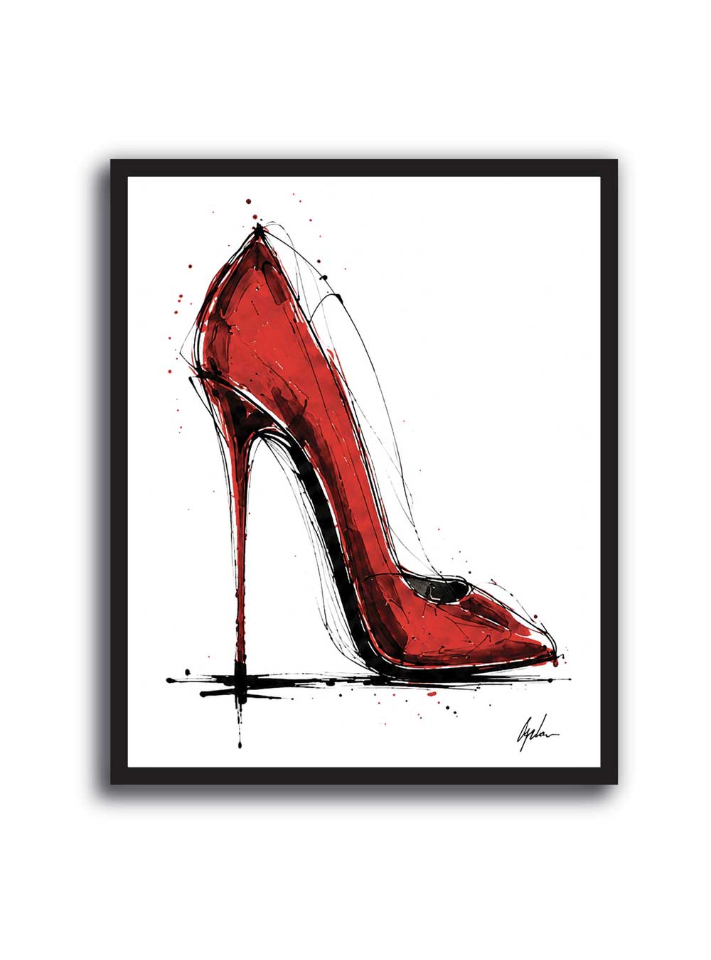 Cuadro de zapato stiletto rojo ilustrado con trazos negros sobre fondo blanco, estilo fashion