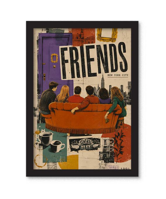 Cuadro inspirado en Friends con el sofá de Central Perk, puerta morada y skyline de Nueva York en estilo collage vintage