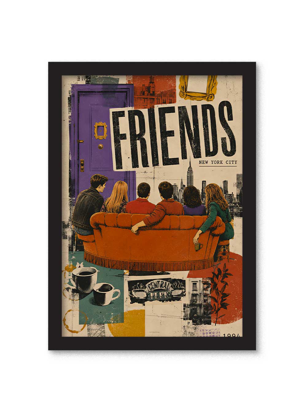 Cuadro inspirado en Friends con el sofá de Central Perk, puerta morada y skyline de Nueva York en estilo collage vintage