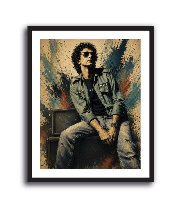 Cuadro de Gustavo Cerati sentado sobre amplificadores con lentes oscuros y chaqueta turquesa