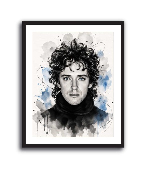 Retrato en acuarela de Gustavo Cerati en blanco y negro con manchas azules