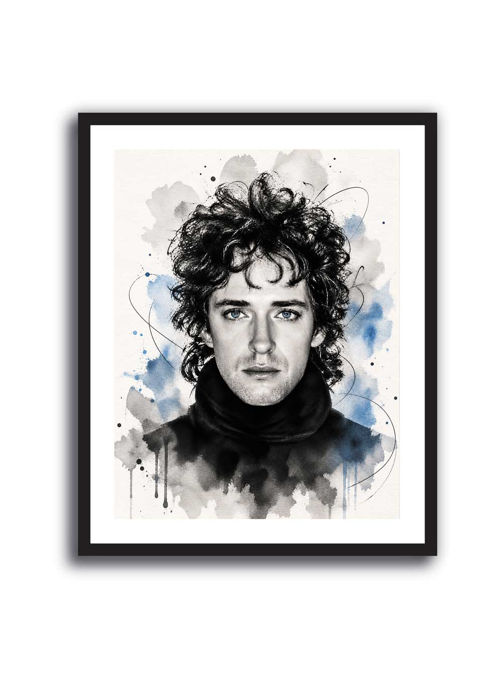 Retrato en acuarela de Gustavo Cerati en blanco y negro con manchas azules