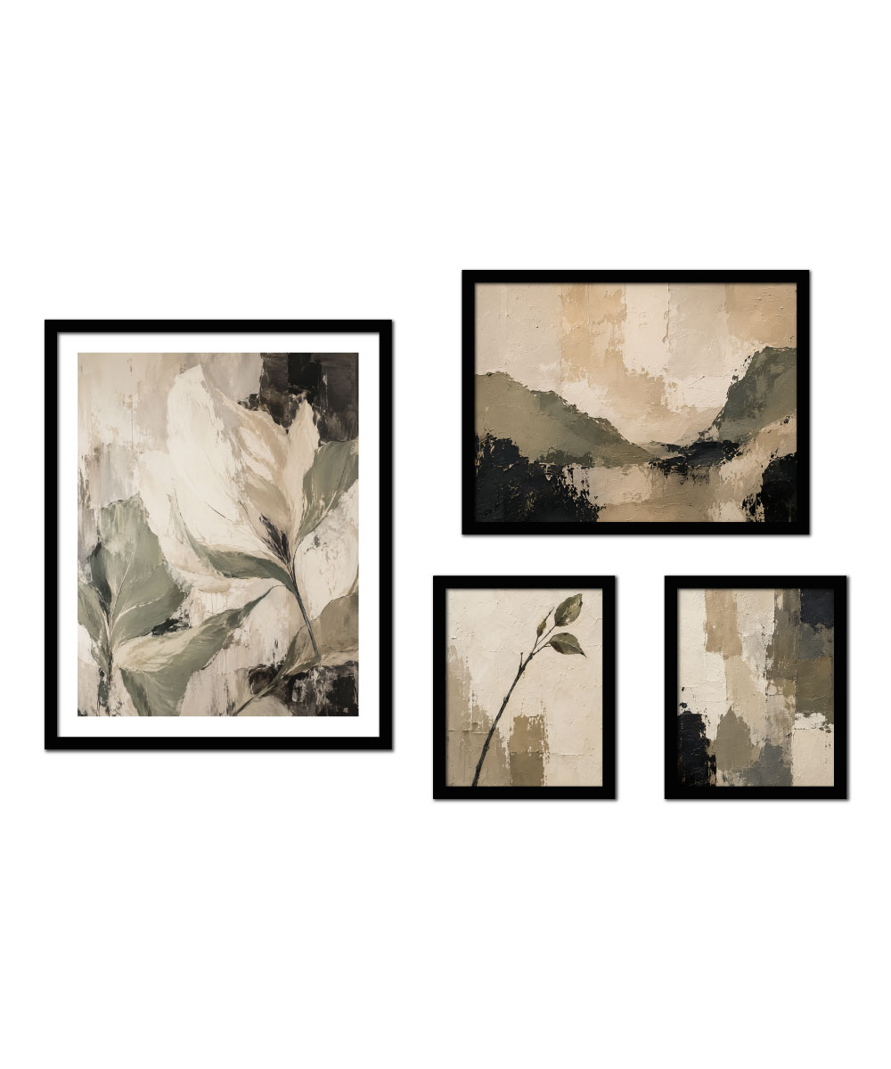 Set Mineral de cuatro cuadros con marco negro, diseños botánicos y abstractos en tonos marfil, arena y verde oliva.